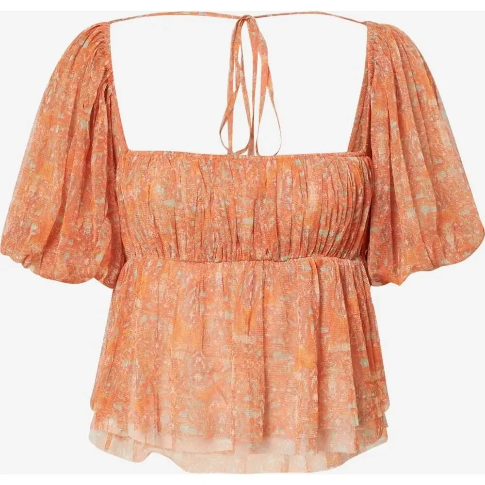 Free People Penelope Blouse Smocked Peplum Dark Orange Mesh Puff Sleeve Top  XS
